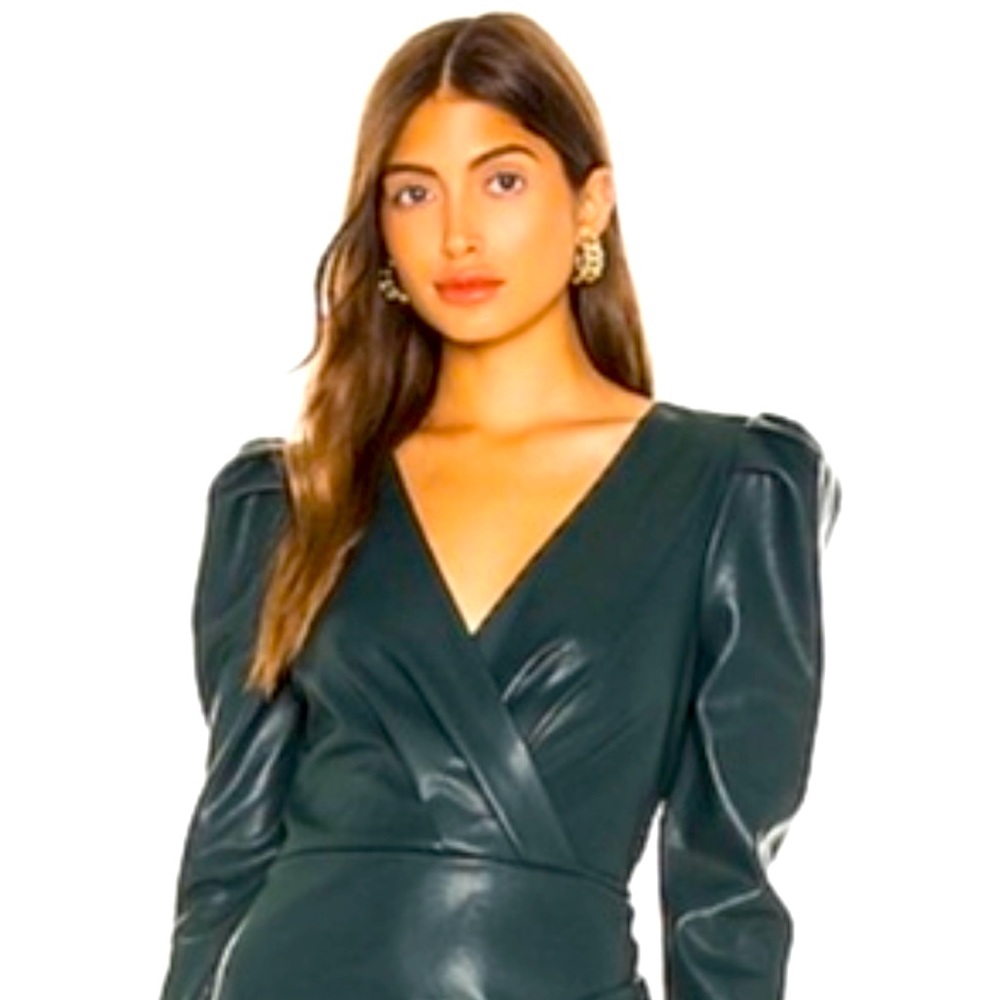 Vegan leather puff sleeve dress dark green size Sm